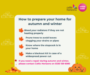 Graphic of yellow brick wall background. There is a white speech box with navy text that reads: "How to prepare your home for autumn and winter: bleed your radiators if they are not heating properly Prune trees to avoid leaves clogging your drains or pipes Know where the stopcock is in your home Make a blackout kit in case of a widespread powercut If you need a repair during autumn and winter, please contact Celtic Horizons on 0330 159 6080" To the bottom left of the speech bubble is a pile of autumn leaves. To the bottom right of the speech bubble are three Jack-o-lanterns"