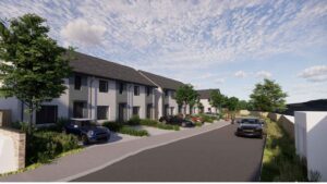 CGI of the 10 affordable homes to be built at the Button Factory in Porth. 